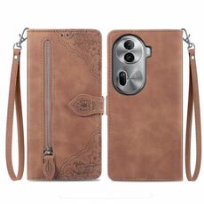 Per OPPO Reno11 Pro 5G Custodia per telefono in pelle con cerniera fiore in rilievo (marrone)