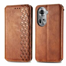 Per OPPO Reno11 5G EU Custodia per cellulare in pelle magnetica pressata con griglia cubica (marrone)