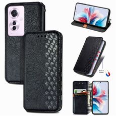 Per OPPO Reno11 F 5G Custodia per telefono in pelle magnetica pressata con griglia cubica (nera)