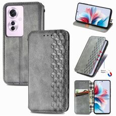 Per OPPO Reno11 F 5G Custodia per telefono in pelle magnetica pressata con griglia cubica (grigio)