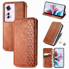 Per OPPO Reno11 F 5G Custodia per telefono in pelle magnetica pressata con griglia cubica (marrone)