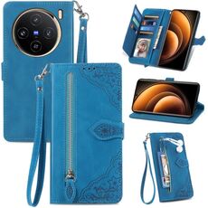 Custodia per telefono in pelle con cerniera fiore goffrato per vivo X100 (blu)