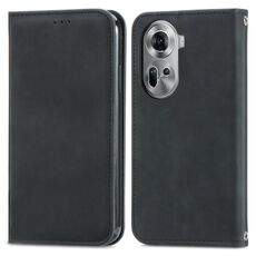 Custodia per telefono in pelle con vibrazione magnetica retrò per OPPO Reno11 5G EU (nero)
