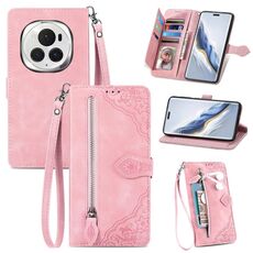 Custodia per telefono in pelle con cerniera fiore goffrato per Honor Magic6 Pro (rosa)