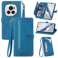 Custodia per telefono in pelle con cerniera fiore goffrato per Honor Magic6 Pro (blu)