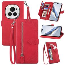 Custodia per telefono in pelle con cerniera fiore goffrato per Honor Magic6 Pro (rossa)