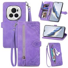 Custodia per telefono in pelle con cerniera fiore goffrato per Honor Magic6 Pro (viola)