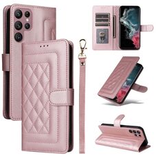 Per Samsung Galaxy S22 Ultra 5G Custodia per cellulare in pelle con reticolo diamantato (oro rosa)