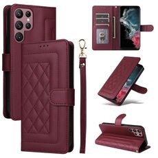 Custodia per cellulare in pelle con reticolo diamantato per Samsung Galaxy S22 Ultra 5G (vino rosso)