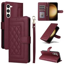 Custodia per cellulare in pelle con reticolo diamantato per Samsung Galaxy S23+ 5G (vino rosso)