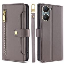Per vivo Y03 4G Custodia per telefono in pelle con cerniera a tracolla con trama di pecora (grigio)