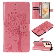 Custodia in pelle flip con motivo albero e gatto in rilievo per vivo V29e Global / Y200 5G (rosa)