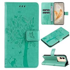 Custodia per cellulare in pelle con motivo a rilievo con albero e gatto per vivo V29e Global / Y200 5G (verde)