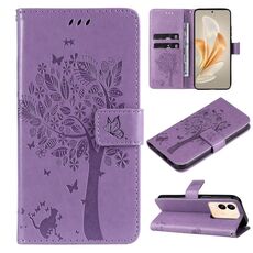 Custodia per cellulare in pelle con motivo a rilievo con albero e gatto per vivo V29e Global / Y200 5G (viola chiaro)