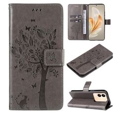 Custodia in pelle flip con motivo albero e gatto in rilievo per vivo V29e Global / Y200 5G (grigio)