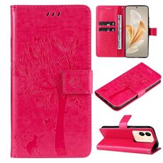 Custodia per cellulare in pelle con motivo albero e gatto in rilievo per vivo V29e Global / Y200 5G (rosa rosso)