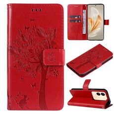 Per vivo V29e Global / Y200 5G Global Custodia per telefono in pelle con motivo albero e gatto in rilievo (rosso)