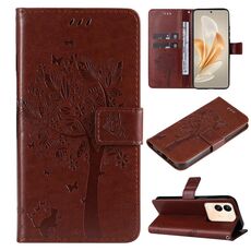 Custodia per cellulare in pelle con motivo a rilievo con albero e gatto per vivo V29e Global / Y200 5G (caffè)
