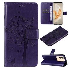 Custodia in pelle flip con motivo albero e gatto in rilievo per vivo V29e Global / Y200 5G (viola)