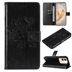 Custodia per cellulare in pelle con motivo a rilievo con albero e gatto per vivo V29e Global / Y200 5G (nero)