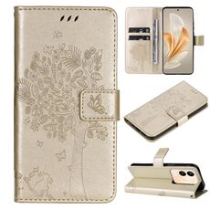 Custodia in pelle flip con motivo albero e gatto in rilievo per vivo V29e Global / Y200 5G (Oro)