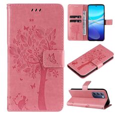 Custodia per cellulare in pelle con motivo albero e gatto in rilievo per vivo V40 SE 5G / Y100 (rosa)