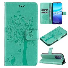 Per vivo V40 SE 5G / Y100 IDN Custodia per cellulare in pelle con motivo albero e gatto in rilievo (verde)
