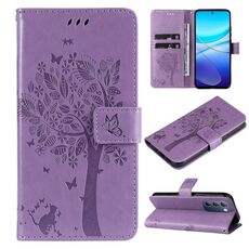 Per vivo V40 SE 5G / Y100 IDN Custodia per telefono in pelle con motivo albero e gatto in rilievo (viola chiaro)