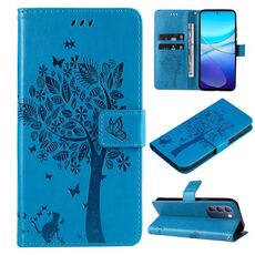 Per vivo V40 SE 5G / Y100 IDN Custodia per cellulare in pelle con motivo albero e gatto in rilievo (blu)
