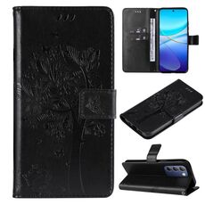 Per vivo V40 SE 5G / Y100 IDN Custodia per telefono in pelle con motivo albero e gatto in rilievo (nero)