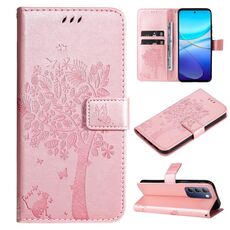 Per vivo V40 SE 5G / Y100 IDN Custodia per telefono in pelle con motivo albero e gatto in rilievo (oro rosa)