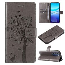 Custodia in pelle flip per vivo Y200e 5G Global / V30 Lite India con albero e gatto in rilievo (grigio)