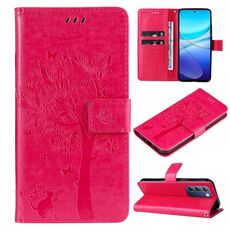 Custodia per cellulare in pelle con motivo albero e gatto in rilievo per vivo Y200e 5G Global / V30 Lite (rosa rosso)