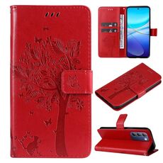 Custodia in pelle flip per vivo Y200e 5G Global / V30 Lite India con albero e gatto in rilievo (rosso)