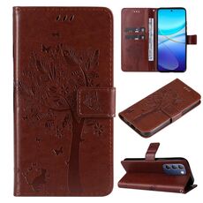 Custodia per cellulare in pelle con motivo albero e gatto in rilievo per vivo Y200e 5G Global / V30 Lite (caffè)