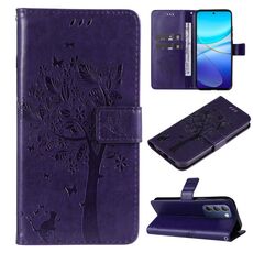 Custodia in pelle flip con motivo albero e gatto in rilievo per vivo Y200e 5G Global / V30 Lite (viola)