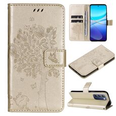 Per vivo Y200e 5G Global / V30 Lite India Albero e gatto Custodia in pelle con motivo in rilievo (Oro)