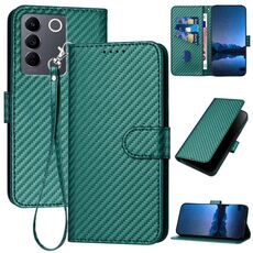 Per vivo V27e 4G Global / T2 4G Global YX0070 Custodia in pelle con fibbia in fibra di carbonio e cordino (verde scuro)