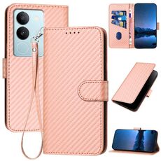 Per vivo V29 5G Global / V29 Pro YX0070 Custodia in pelle con fibbia in fibra di carbonio e cordino (rosa)