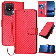 Per vivo Y02A 4G/Y02 4G/Y11 2023/Y02t YX0070 Custodia per telefono in pelle con fibbia in fibra di carbonio con cordino(Rosso)