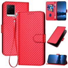 Per vivo Y21 2021 / Y33s / Y21s YX0070 Custodia per telefono in pelle con fibbia in fibra di carbonio con cordino(Rosso)