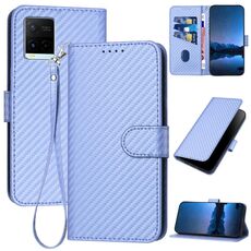 Per vivo Y21 2021 / Y33s / Y21s YX0070 Custodia per telefono in pelle con fibbia in fibra di carbonio con cordino (viola chiaro)
