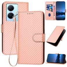 Per vivo Y78 + 5G Global YX0070 Custodia per telefono in pelle con fibbia in fibra di carbonio con cordino (rosa)