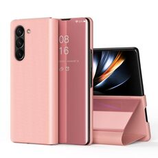 Per Samsung Galaxy Z Fold6 Custodia in pelle con vibrazione orizzontale a specchio placcato con supporto (oro rosa)