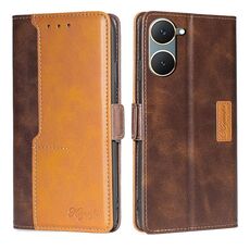 Per vivo Y03 4G Custodia per telefono in pelle con fibbia laterale in colore a contrasto (marrone scuro + oro)