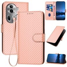 Per OPPO Reno11 Pro Global YX0070 Custodia per telefono in pelle con fibbia in fibra di carbonio con cordino (rosa)