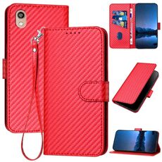 Custodia per telefono in pelle con fibbia in fibra di carbonio per Honor 8S YX0070 con cordino (rosso)