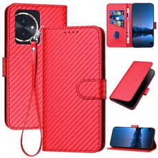 Custodia per telefono in pelle con fibbia in fibra di carbonio per Honor 100 YX0070 con cordino (rosso)