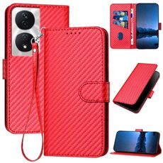 Custodia per telefono in pelle con fibbia in fibra di carbonio per Honor X7b 5G YX0070 con cordino (rosso)