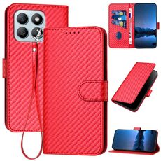 Custodia per telefono in pelle con fibbia in fibra di carbonio per Honor X8b YX0070 con cordino (rosso)